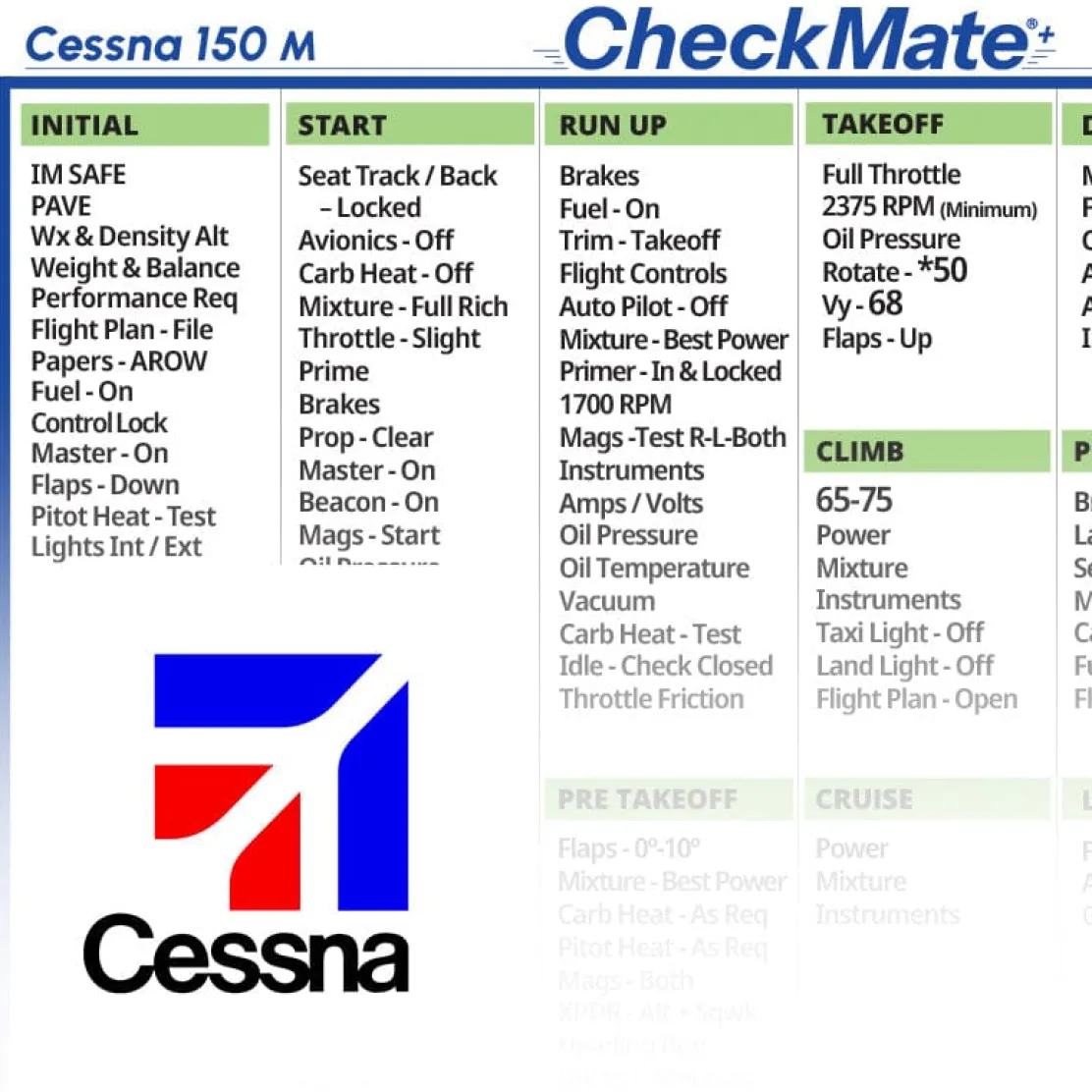 Cessna 150 M Checkmate+ Standard Size Comprehensive Pilot Checklist (Modernized and Updated)