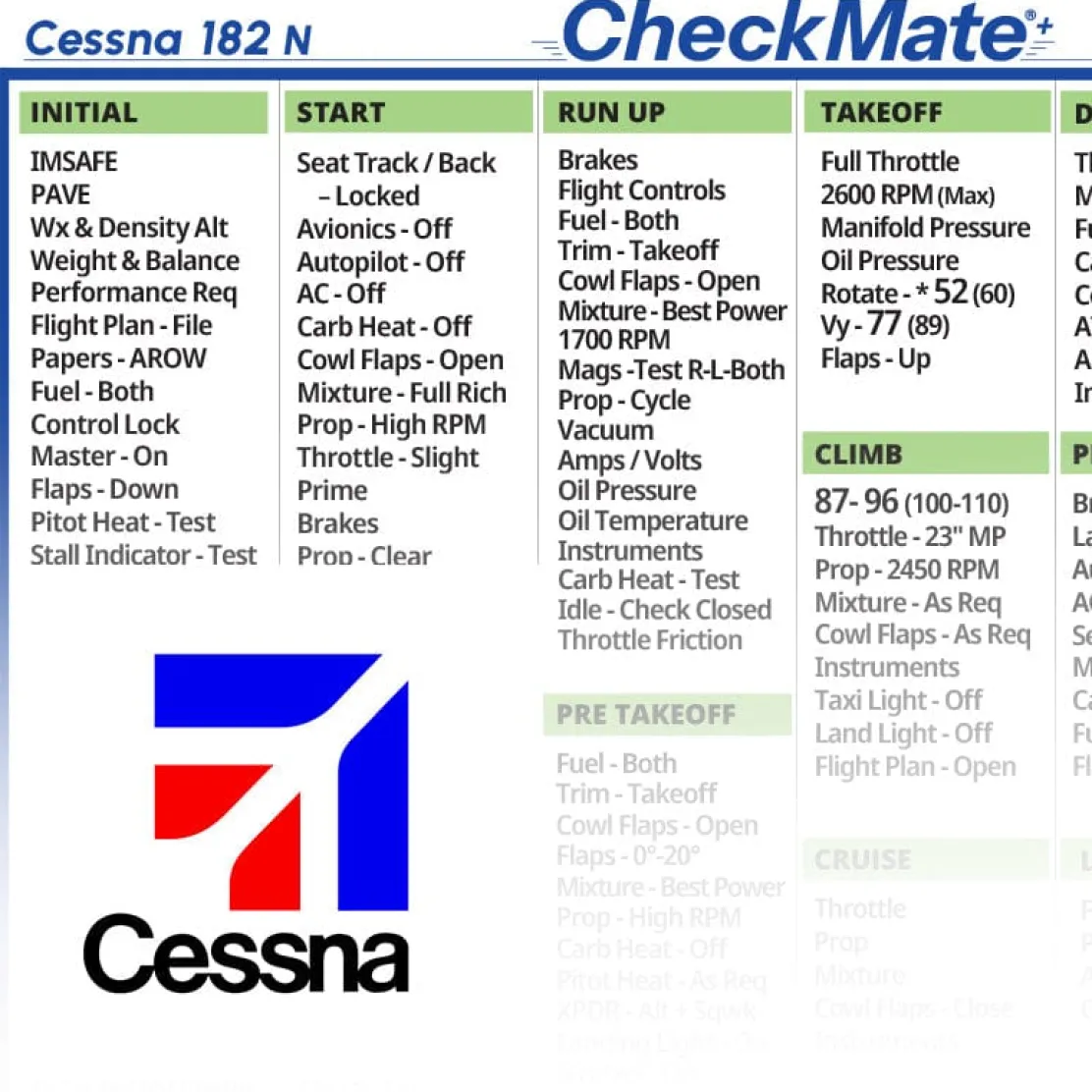 Cessna 182 N Checkmate+ Standard Size Comprehensive Pilot Checklist (Modernized and Updated)