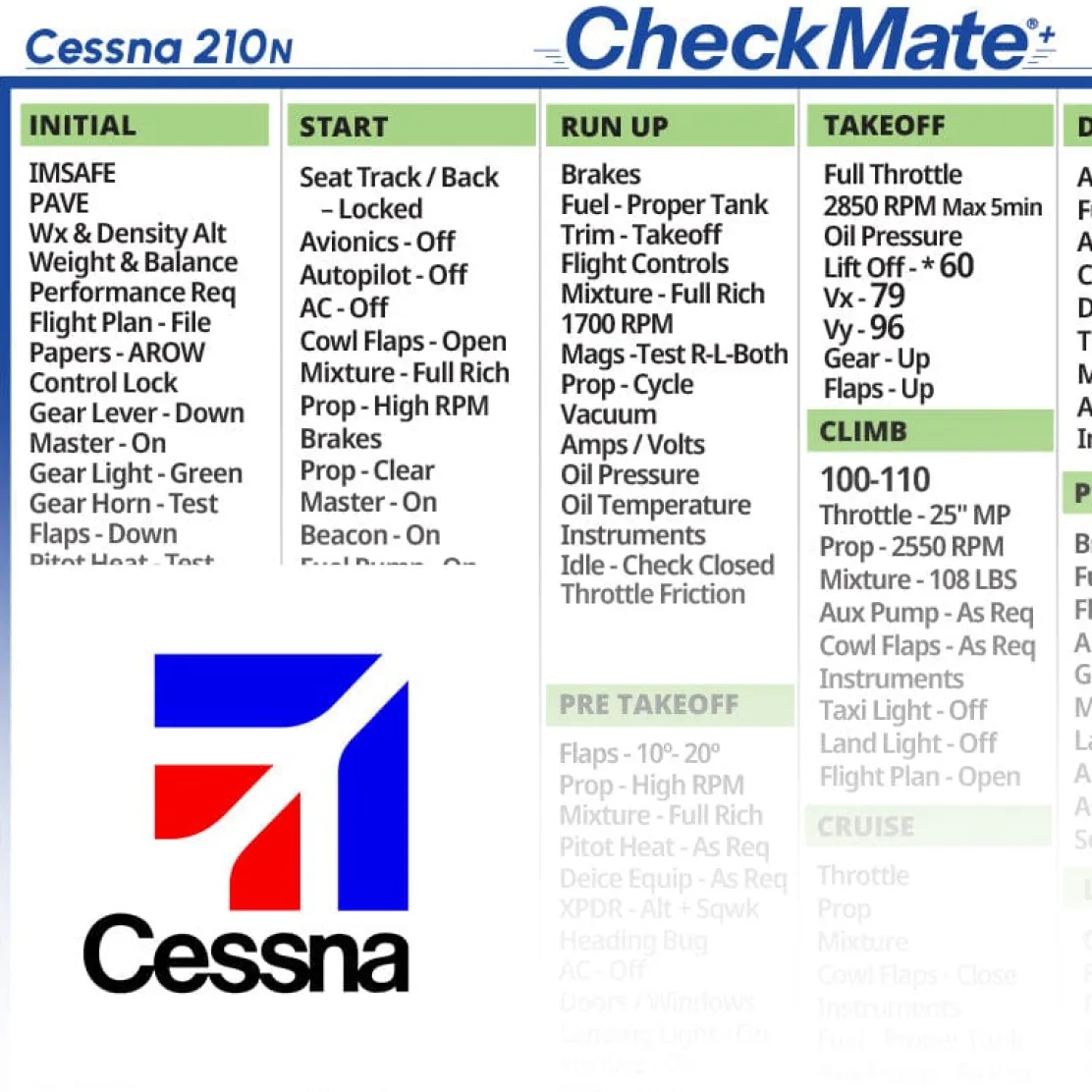 Cessna 210 N Checkmate+ Standard Size Comprehensive Pilot Checklist (Modernized and Updated)