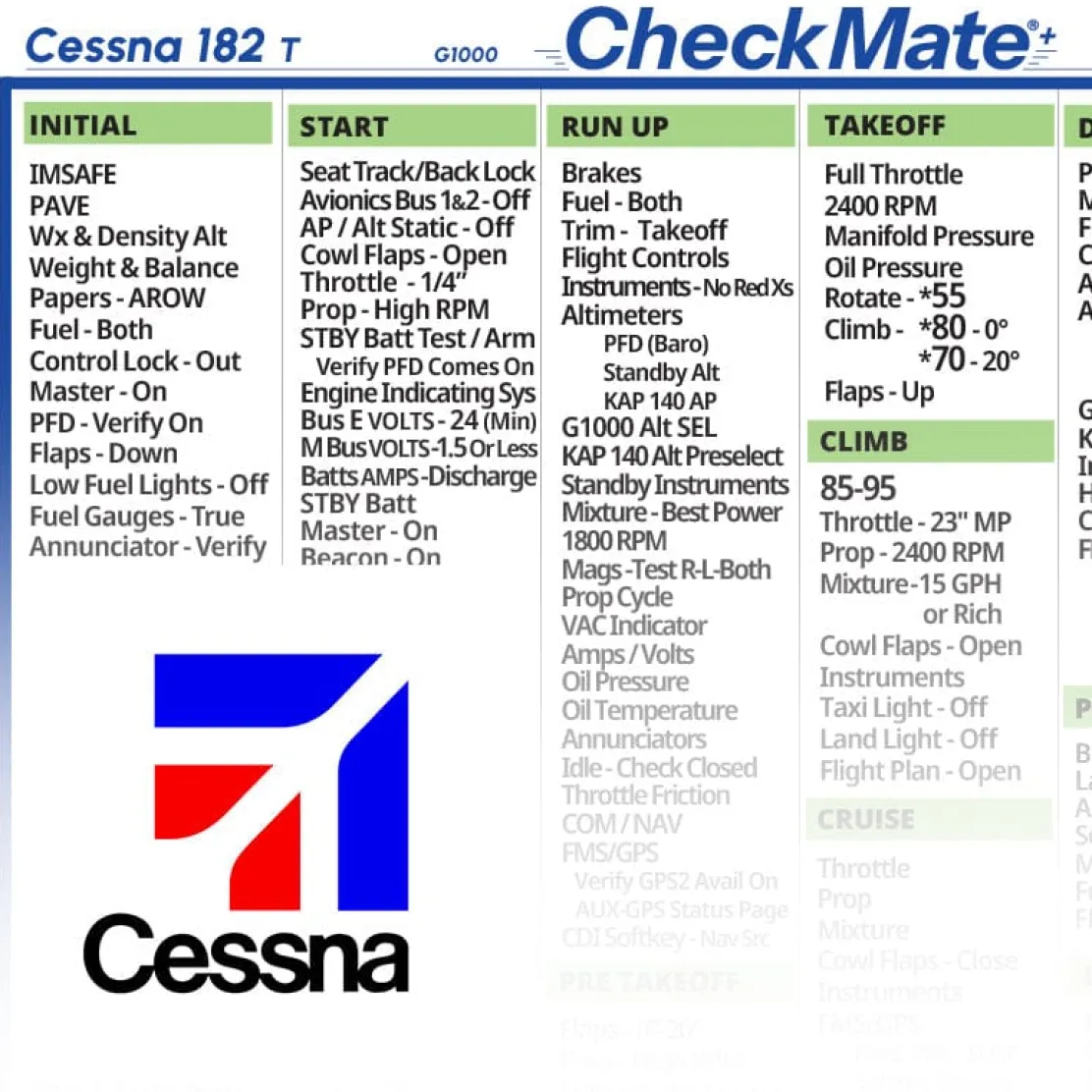Cessna 182 T G1000 Checkmate+ Standard Size Comprehensive Pilot Checklist (Modernized and Updated)