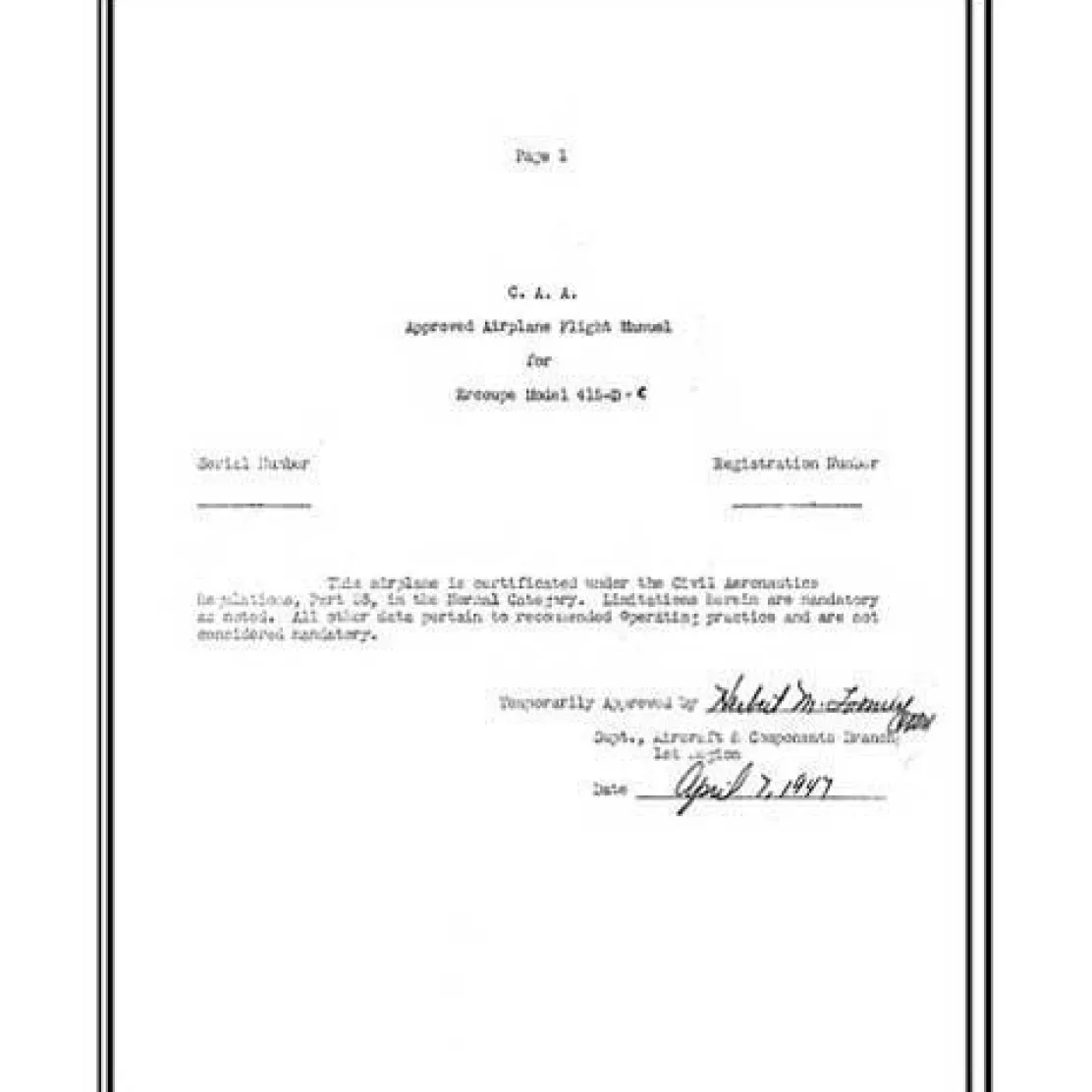 Ercoupe 415D,C Flight Manual (part# ER415D,C)