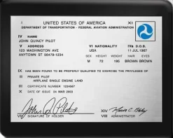 Personalized Pilot Certificate Plaque in Black Piano Finish
