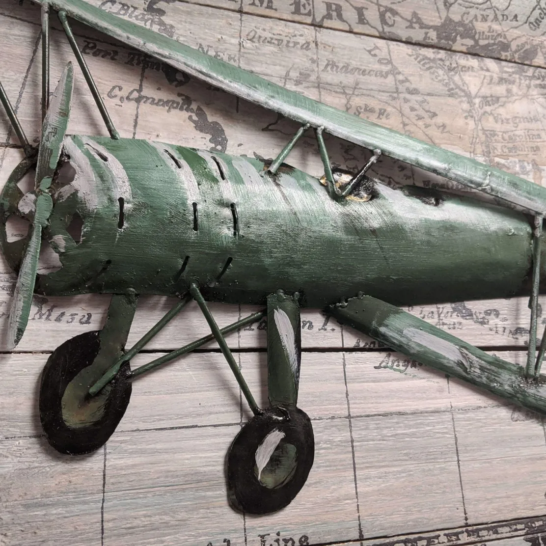 Pilot Toys Green Handcrafted Vintage Biplane Metal Wood Wall Art