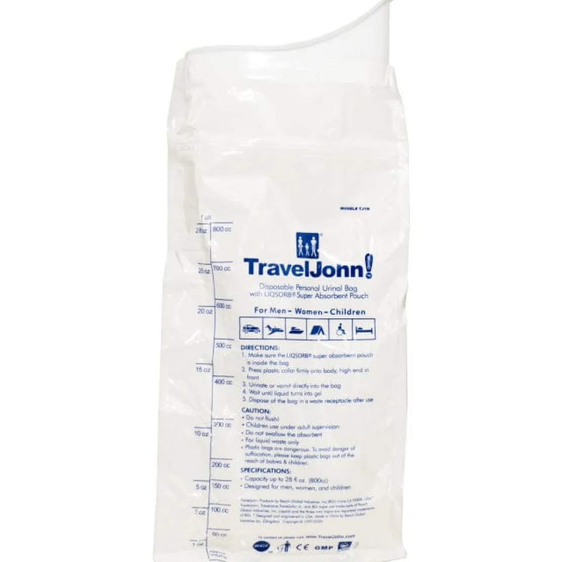 TravelJohn Resealable Disposable Urinal Bags with Liqsorb Gel (TJ1N-C) 3 Pack