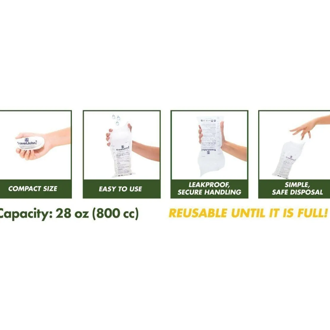 TravelJohn Resealable Disposable Urinal Bags with Liqsorb Gel (TJ1N-C) 3 Pack